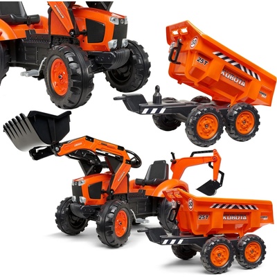 Falk šliapací traktor 2090W Kubota s prednou a zadnou lyžicou a prívesom