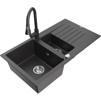 Mexen Matias гранитна мивка с 1, 5 камери и отцедник и кухненски смесител Elia, черен изпъстрен - 6502-76-670101-76 (6502-76-670101-76)