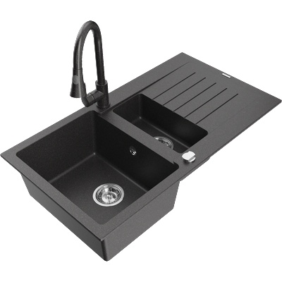 Mexen Matias гранитна мивка с 1, 5 камери и отцедник и кухненски смесител Elia, черен изпъстрен - 6502-76-670101-76 (6502-76-670101-76)