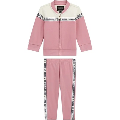 Guess Спортен комплект за бебе момиче в розово и бяло с надписи Guess