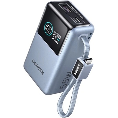 UGREEN PB727 аварийно зарядно устройство USB+Type-C гнездо 10000mAh, LED дисплей + фиксиран Type-C кабел, EZÜST (75701B)