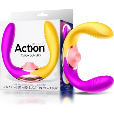Action Two Lovers Couples Vibe 3in1 with Finger and Suction Yellow-Purple