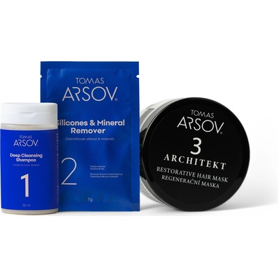 Tomas Arsov Hĺbkové čistenie vlasov BACK2BASICS šampón 50 g + BACK2BASICS Odstraňovač silikónov a minerálov 7 g + Architekt Regeneračná maska 250 ml set