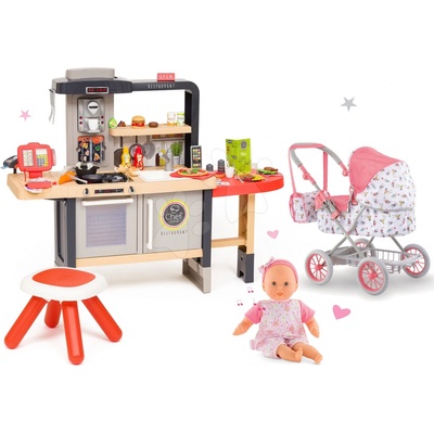 Smoby Set reštaurácia s elektronickou kuchynkou Chef Corner Restaurant a hlboký skladací kočík s bábikou so 4 zvukmi a 3 melódiami