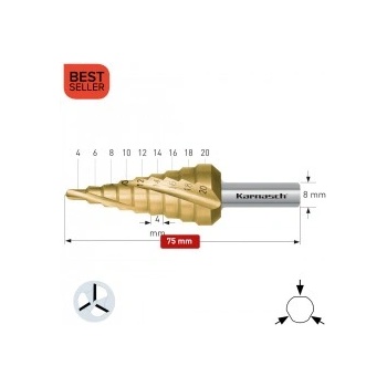 Karnasch Стъпално свредло Ø 4-20 mm (x 4 mm), HSS-XE TiN-Gold, 3x спирален канал, BESTSELLER (213002)