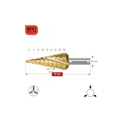 Karnasch Стъпално свредло Ø 4-20 mm (x 4 mm), HSS-XE TiN-Gold, 3x спирален канал, BESTSELLER (213002)