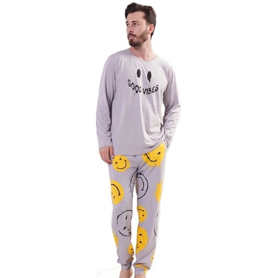 1P1548 good vibes pánské pyžamo dlouhé šedo žluté