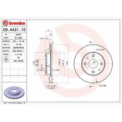 BREMBO brzdový kotúč 09.A421.10, súprava 2 ks