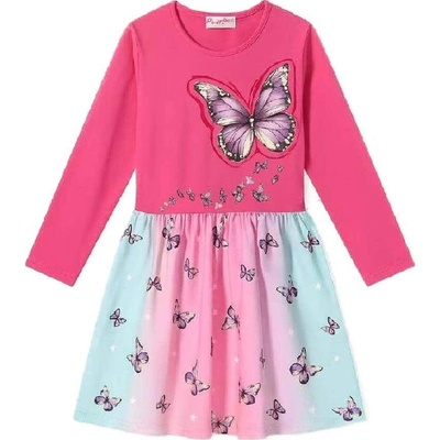 BAVLNĚNÉ DÍVČÍ ŠATY S MOTÝLKY A DLOUHÝM RUKÁVEM NOVINKA Tmavě růžová – Zboží Dáma