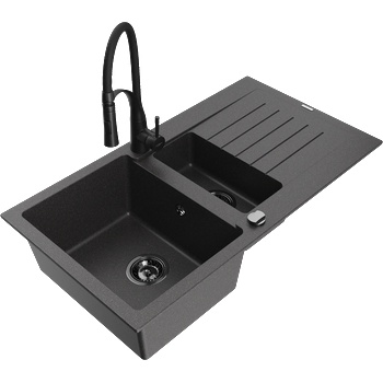 Mexen Matias гранитна мивка 1, 5-корпусна с отцедник и кухненски смесител Aster, черен накъсан - 6502-76-73450-70-B (6502-76-73450-70-B)