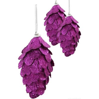 VEYRA XL vianočné šišky fuchsiové s metalickým trblietavým povrchom 3 ks 13 cm