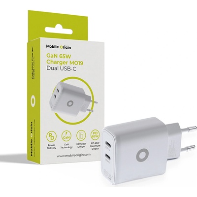 Mobile Origin Захранване за ел. мрежа за лаптопи, смартфони и таблети с 2xUSB-C изхода и с технология за бързо зареждане - Mobile Origin MO19 GaN Dual Fast Wall Charger 65W (бял) (MO-GAN65W-MO19)