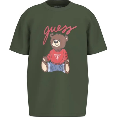 GUESS Зелена тениска с къс ръкав за момче с голямо цветно мече и надпис Guess