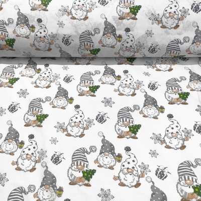 Vianočný vzor bavlnenej látky Škriaty Šedé na bielom, metráž 160 cm