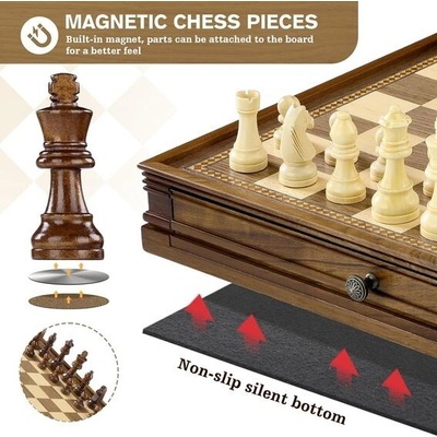 Magnetická šachová sada Peradix 38 cm/15 palců s dámou, dřevěná šachovnice 2 v 1 s úložným šuplíkem
