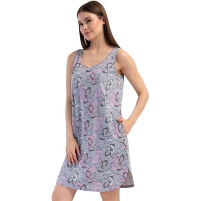 Памучна нощница в сиво с цветя