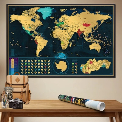 World Maps SVET Deluxe v slovenčine Dark BLUE stieracia mapa sveta + SLOVENSKO 60x90cm