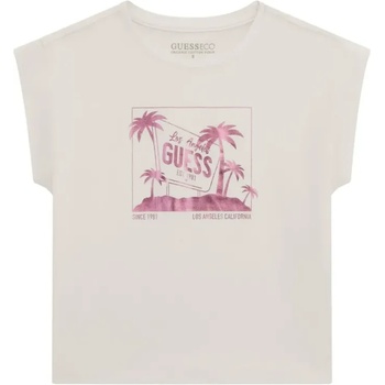 GUESS Бяла тениска с розов лъскав надпис Guess и палми за момиче