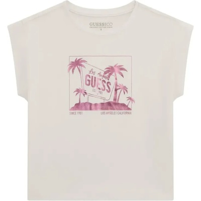 GUESS Бяла тениска с розов лъскав надпис Guess и палми за момиче