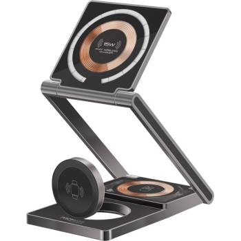 Image 1 of Promate Зарядна станция ProMate, LucidFold-Trio 3-in-1 Transparent Foldable Wireless Charging station w/ 15W MagSafe Charger, 5W Wireless Charger, 3W Apple Watch Charger