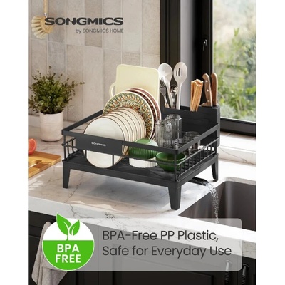 SONGMICS Odkapávač na nádobí s výsuvným odtokem 31 x 42 x 19 cm černá