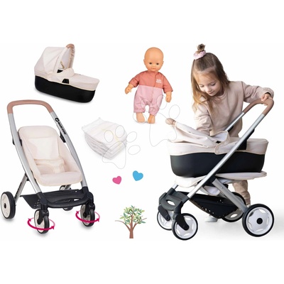 Smoby Set trojkombinácia s bábikou v dupačkách Puschair Sandy Maxi Cosi&Quinny s ospalými očkami a plienkami