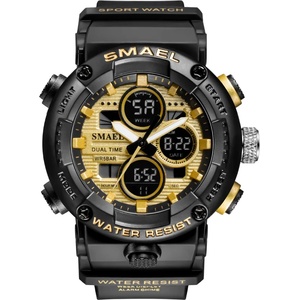SMAEL Спортен мъжки часовник Smael G Sport, Хронограф, Двойно време, LED Подсветка, Черен / Златист (SMAEL-8038-BLACK-GOLD) Часовници