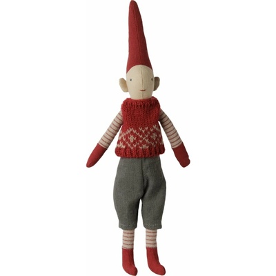 Maileg Vánoční skřítek Pixy Red Knitted Vest 26 cm – Boy, červená barva, textil