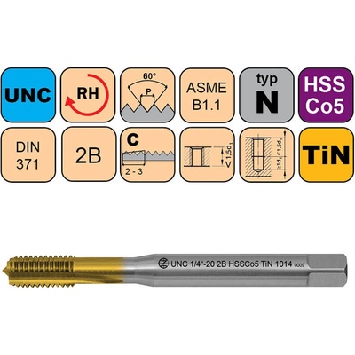 NÁSTROJE CZ Závitník strojní UNC 3/8"-16 2B HSSCo5 TiN DIN 371 C - 1014 - CZZ1014-UNC-3/8"-16-2B