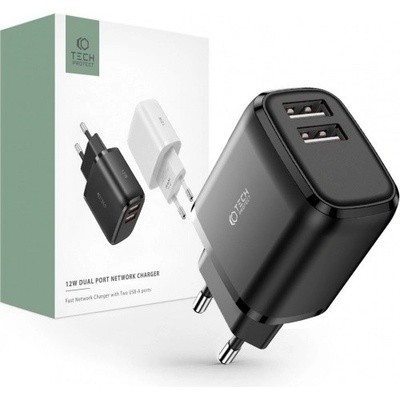Tech-Protect Захранване за ел. мрежа с 2xUSB-A изхода за зареждане на мобилни устройства - Tech-Protect Wall Charger 12W (черен) (THP1318)