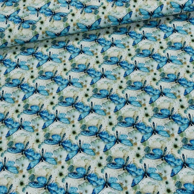Bavlněný úplet 6-03225, modré vážky, š.140cm (látka v metráži)