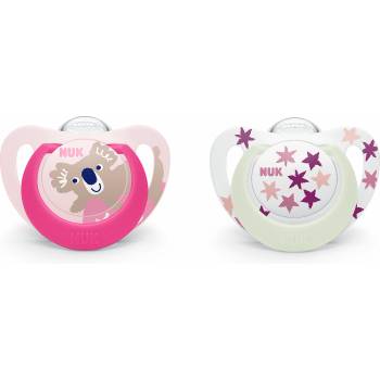 Nuk Силиконови светещи залъгалки NUK - Star, Night & Day, 6-18 месеца, 2 броя, Розови (10176289)