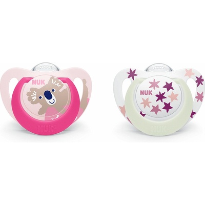 Nuk Силиконови светещи залъгалки NUK - Star, Night & Day, 6-18 месеца, 2 броя, Розови (10176289)