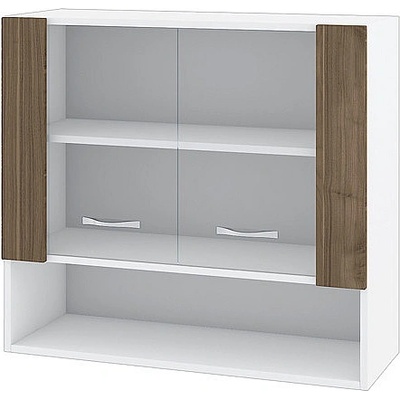 ИРИМ Горен шкаф с две витринни врати и ниша Сити БО-10 бяло гладко / орех адмирал 80 см