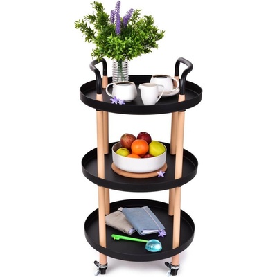 Trolley pojízdný vozík 3patrový multifunkční kulatý regál na kolečkách výška 86 cm černý