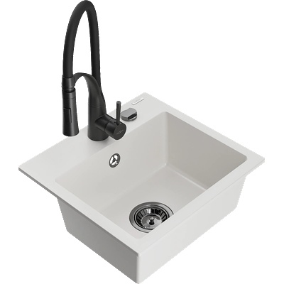 Mexen Milo гранитна мивка с една камера с кухненски смесител Aster, бял - 6505-20-73450-70-B (6505-20-73450-70-B)