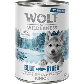 Wolf of Wilderness 6x400г Junior Blue River Free-Range Meat Wolf of Wilderness, консерв. храна за кучета- пиле и сьомга
