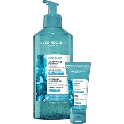 Yves Rocher Pure Algue Комплект - Измивен гел и Ексфолиант за лице, 390 + 75 ml