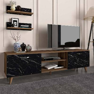 TopMebel Геаклс меламинов ТВ шкаф в орех - черен мраморен ефект цвят 180x40x50см