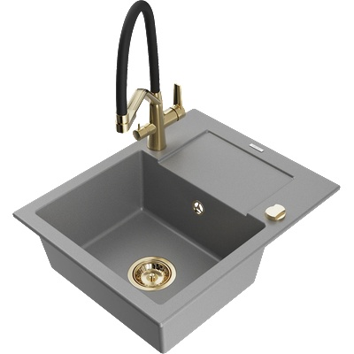 Mexen Enzo еднокамерен гранитен мивка с отцедник и кухненски смесител Duo, сив - 6506-71-671701-57-G (6506-71-671701-57-G)