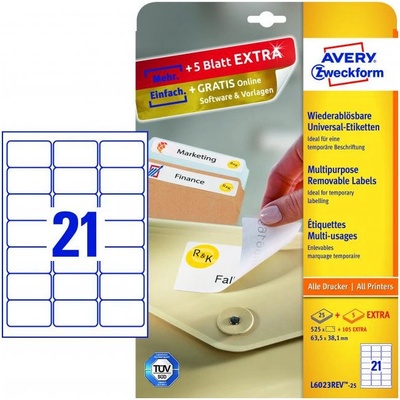 Avery-Zweckform L6023REV-25 etikety 63.5 x 38.1 mm papier biela 630 ks premiestniteľné univerzálne etikety atrament, laser, kópie; L6023REV-25