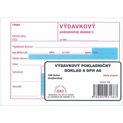 Igaz 168 Výdavkový pokladničný doklad A6 dvojfarebný