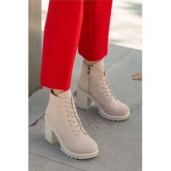 Moda Trend Дамски велурени боти с връзки и висок ток - Светлобежови #363860 (363860_Бежов)