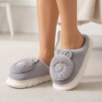 Дамски пантофи в сиво със зайче и перли