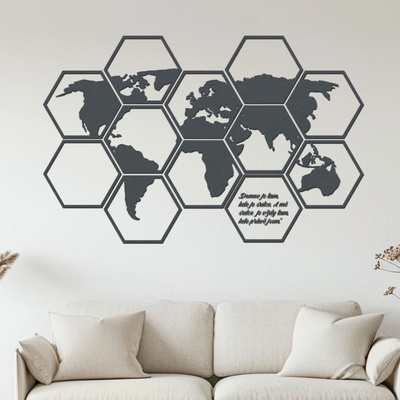dřevo života Dřevěná mapa světa Hexagon Zvolte barvu dekoru: Antracitová, Rozměry (cm): 93x60