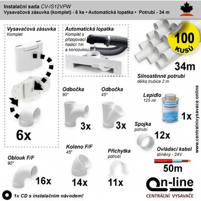 Instalační komplet centrálního vysávání - zásuvka (6 ks), podlahová štěrbina (1 ks), potrubí (34 m), potrubní díly (100 dílů). Určeno pro centrální vysavače a centrální vysávání.