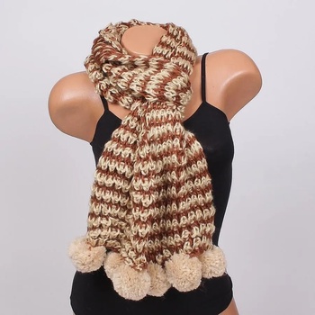 Image 1 of Плетен шал в бежово и кафяво с пухкави помпони