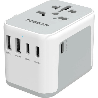 Tessan Travel Adapter 633-FV - адаптер за ел. мрежа с преходници за цял свят с 2xUSB-A и 3xUSB-C изходи (бял)
