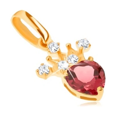 Šperky eshop Přívěsek ve žlutém 14K zlatě zirkonová korunka červený srdíčkovitý granát GG91.12