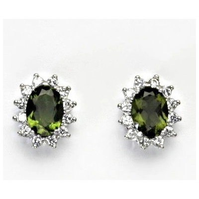 Čištín Zlaté náušnice Kate, přírodní vltavín, čiré zirkony, žluté i bílé zlato, NŠ 1480